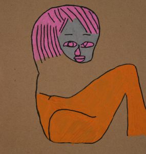 M.K.: 'Seated Woman'. 260 x 246 x 4 mm, Water-based pen, oil-based ink pen, cardboard. Collectie van de kunstenaar. 