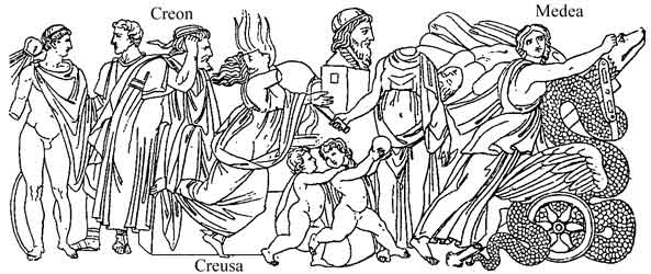 De mythe van Medea uitgebeeld op een relief. In het midden Glauke, de nieuwe minnares van Medea's echtgenoot Jason, die van de verraden koningen een in brandend gif gemengd jurkje krijgt.