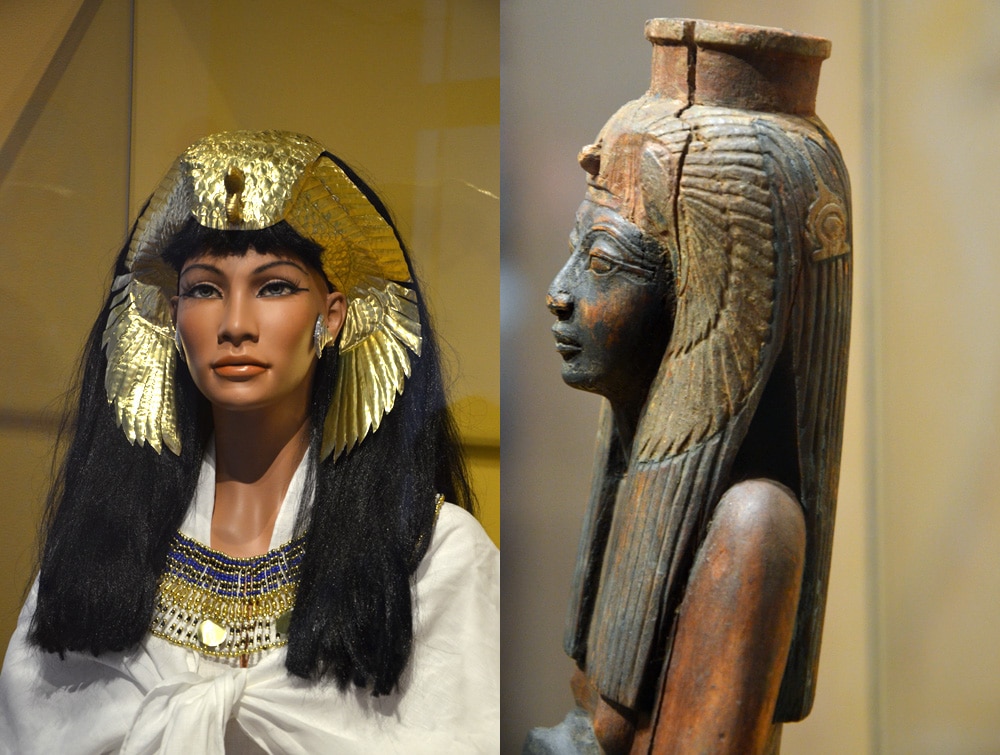 Links: hoofdtooi (reconstructie); rechts: Ahmose Nefertari