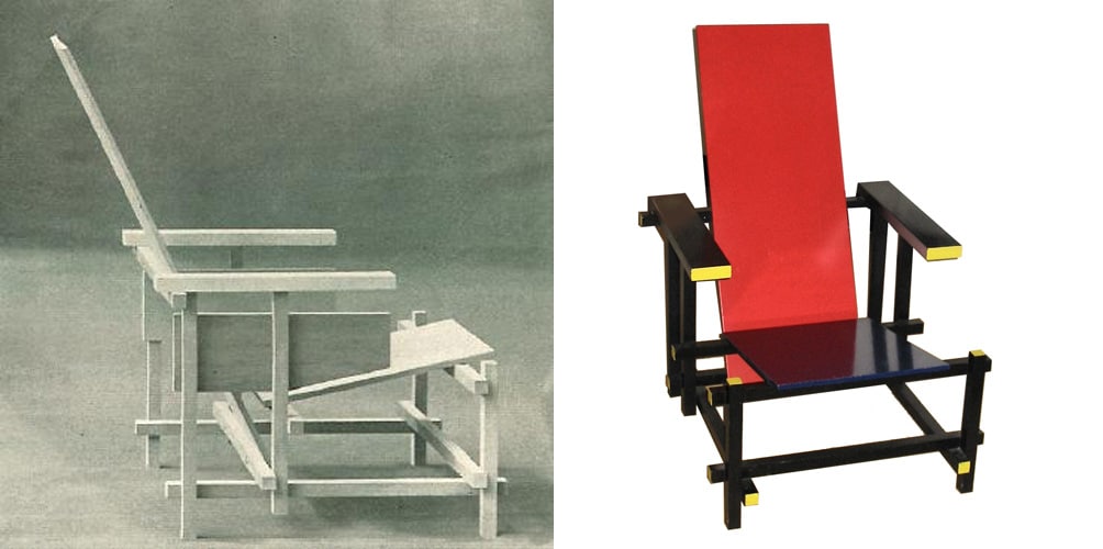 Gerrit Rietvelds Rood-blauwe stoel in oorspronkelijke en latere toestand (bron: commons.wikimedia.org)
