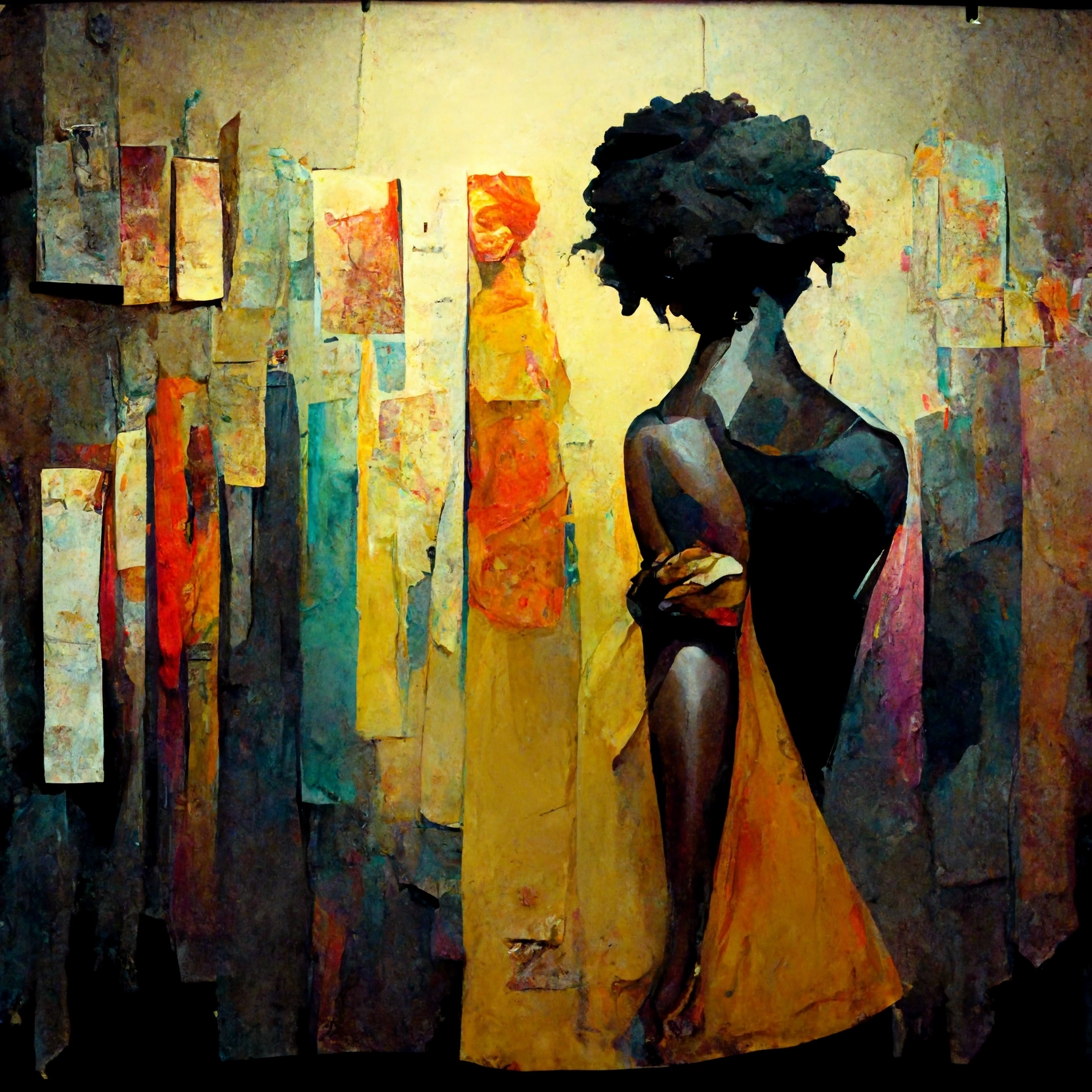 created by Midjourney AI with the prompt: black female artist exposition