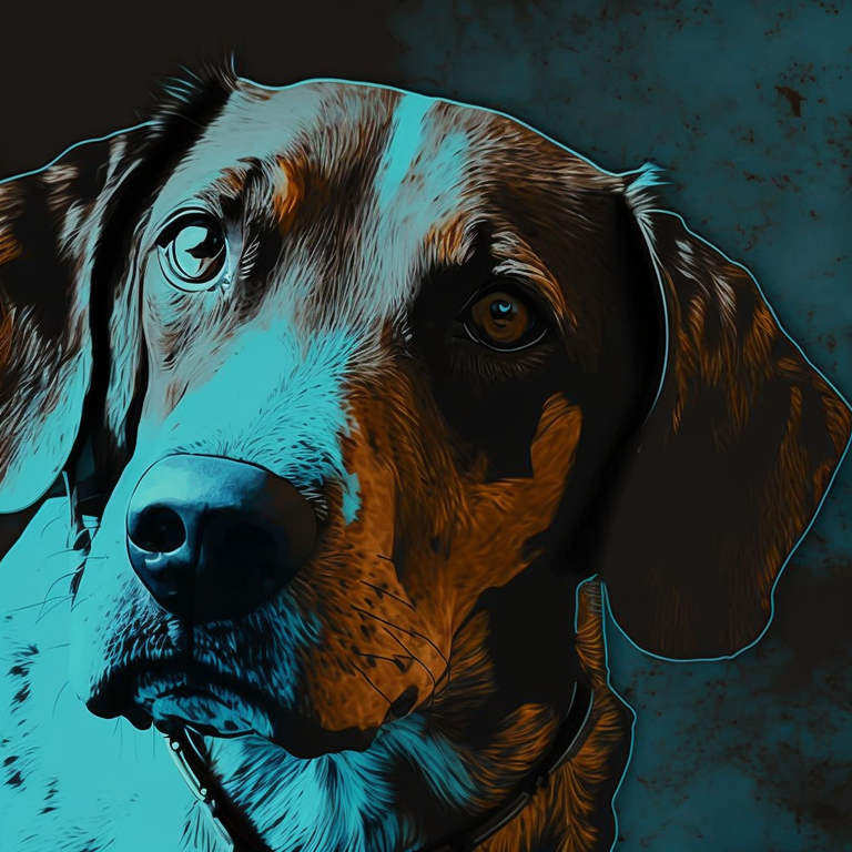 Created with Midjourney AI, via the prompt: dog staring picasso style