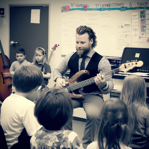Gemaakt met Midjourney AI op de prompt: a bass guitarplayer working as a teacher in a classroom