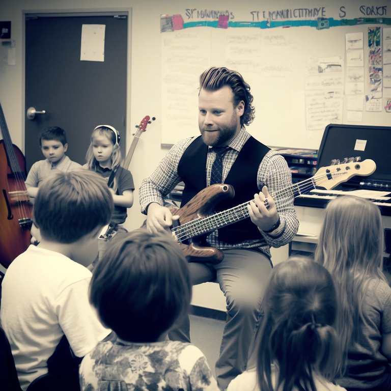 Créé avec Midjourney AI à l'invite : un joueur de guitare basse travaillant comme enseignant dans une salle de classe.
