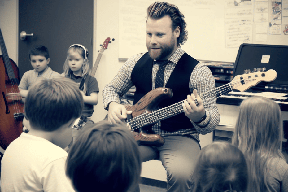 Created with Midjourney AI at the prompt: a bass guitar player working as a teacher in a classroom