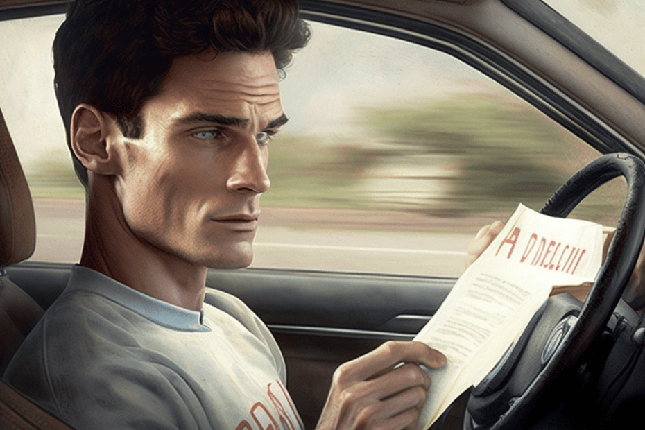 Gemaakt met Midjourney AI op de prompt: famous actor taking driving lessons