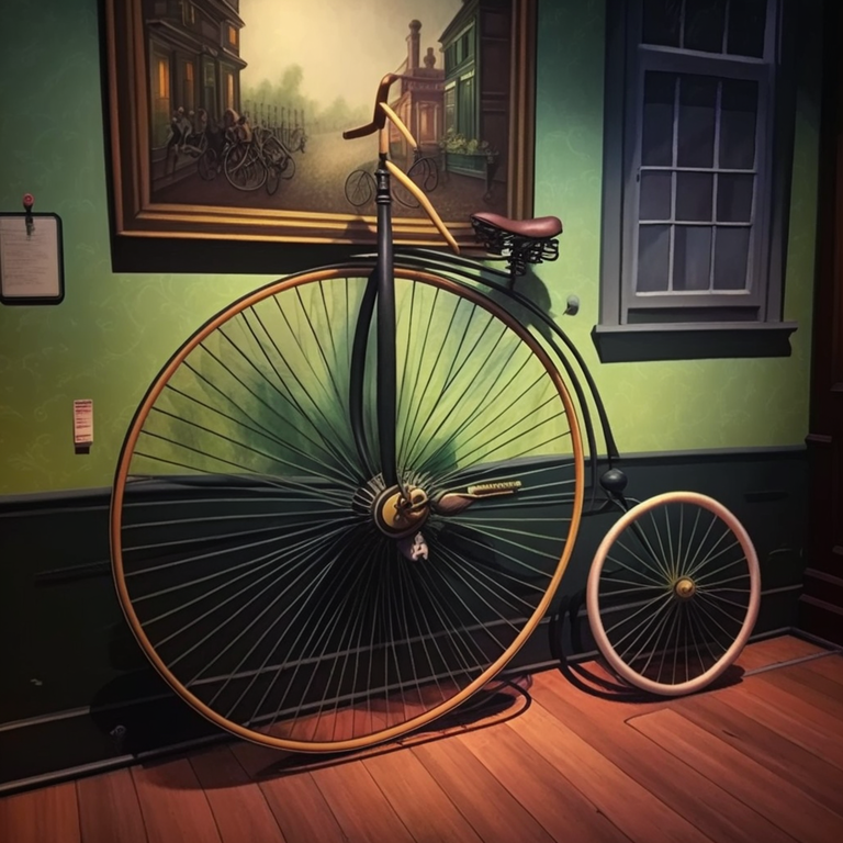 Gemaakt met midjourney ai op de prompt "handlebar bicycle museum willink style"