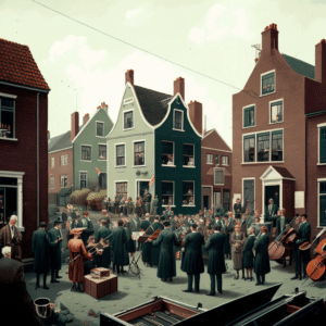 orchestra playing in a dutch modern neighbourhood, plain clothes, civil servants looking on