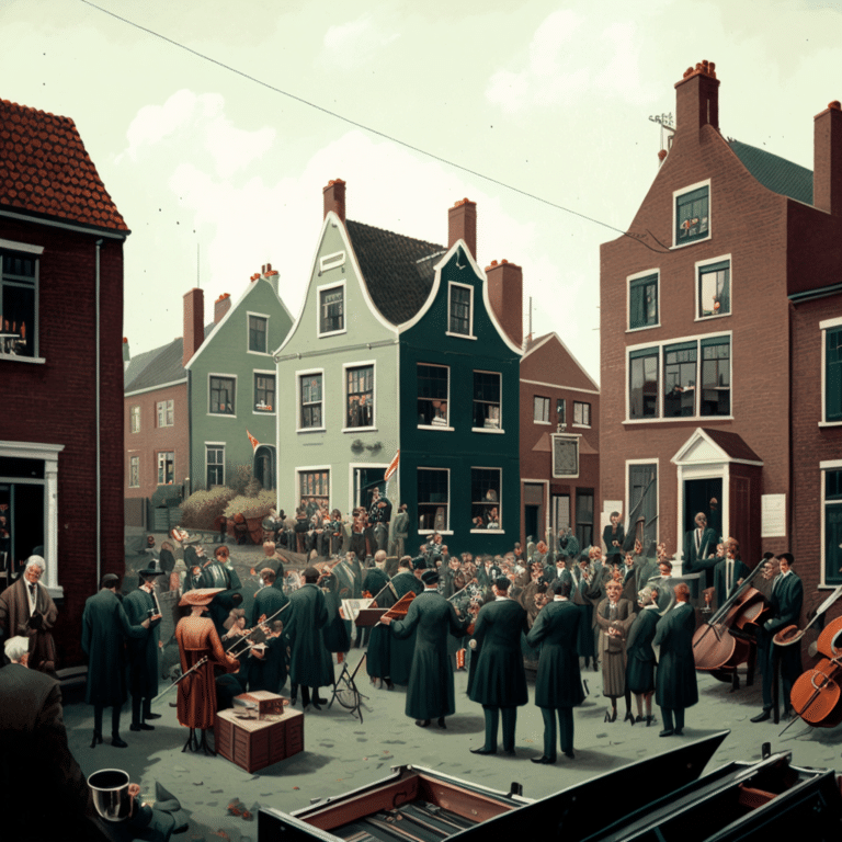 orchestre jouant dans un quartier moderne hollandais, vêtements simples, fonctionnaires regardant.