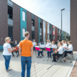orchestra playing in a dutch modern neighbourhood, plain clothes, civil servants looking on