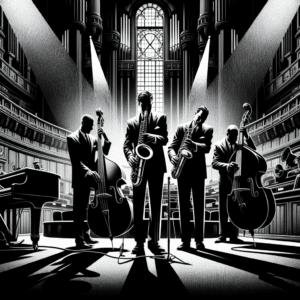 DALL·E 2023-11-14 17.16.50 - A noir-style, black and white illustration of modern jazz musicians performing in the Dutch House of Representatives (Tweede Kamer der Staten-Generaal