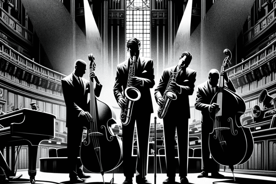 DALL-E 2023-11-14 17.16.50 - A noir-style, black and white illustration of modern jazz musicians performing in the Dutch House of Representatives (Tweede Kamer der Staten-Generaal
