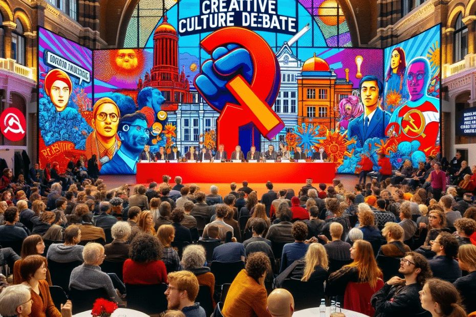 a photo-realistic image inspired by the text you provided. It depicts a lively and colourful debate scene during a cultural event at the Herz hall of TivoliVredenburg in Utrecht. The scene illustrates part of the 'Collective Creative Culture Debate', with a diverse group of participants including artists, policymakers and political figures. The atmosphere is a mix of serious discussion and informal conversation, with a focus on arts and culture policy. A digital display of DALL-E-generated interpretations of political party programmes can be seen in the background, transitioning into a series of socialist-realist artworks.
