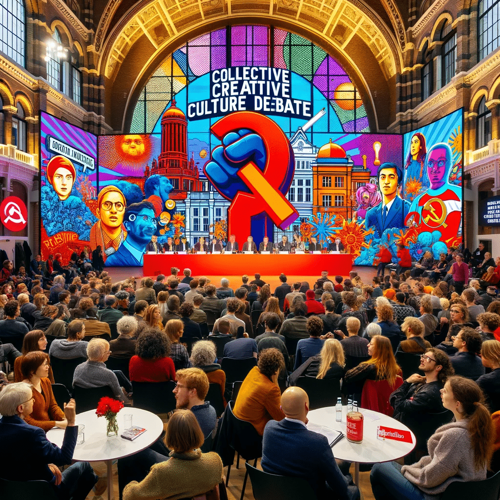 een fotorealistische afbeelding die is geïnspireerd door de tekst die u heeft verstrekt. Het beeldt een levendige en kleurrijke debatscène uit tijdens een cultureel evenement in de Herz zaal van TivoliVredenburg in Utrecht. De scène illustreert een deel van het 'Collectieve Creatieve Cultuurdebat', met een diverse groep deelnemers waaronder kunstenaars, beleidsmakers en politieke figuren. De sfeer is een mix van serieuze discussie en informeel gesprek, met een focus op kunst- en cultuurbeleid. Op de achtergrond is een digitale weergave te zien van door DALL-E gegenereerde interpretaties van politieke partijprogramma's, die overgaan in een reeks socialistisch-realistische kunstwerken.