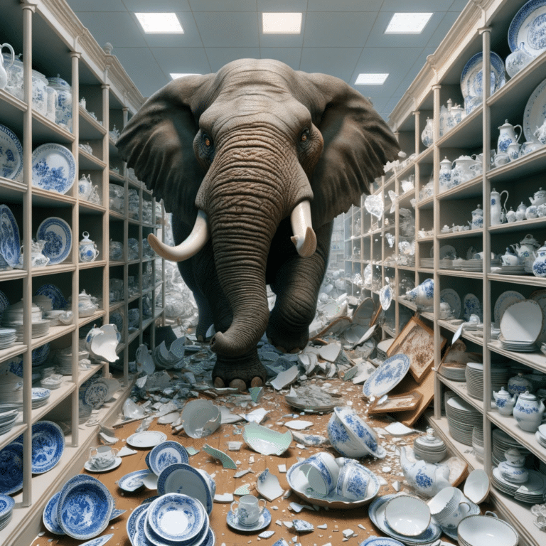 DALL-E 2023-12-01 11.58.18 - Une image photoréaliste d'un éléphant se déchaînant dans un magasin de porcelaine, avec des étagères d'objets délicats en porcelaine renversées et brisées. L'e