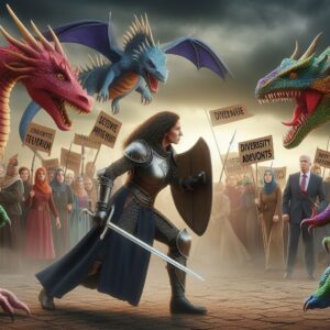 Gemaakt met DALL-E via de prompt: 'A brave female knight fighting against diversity advocates in the form of dragons.'