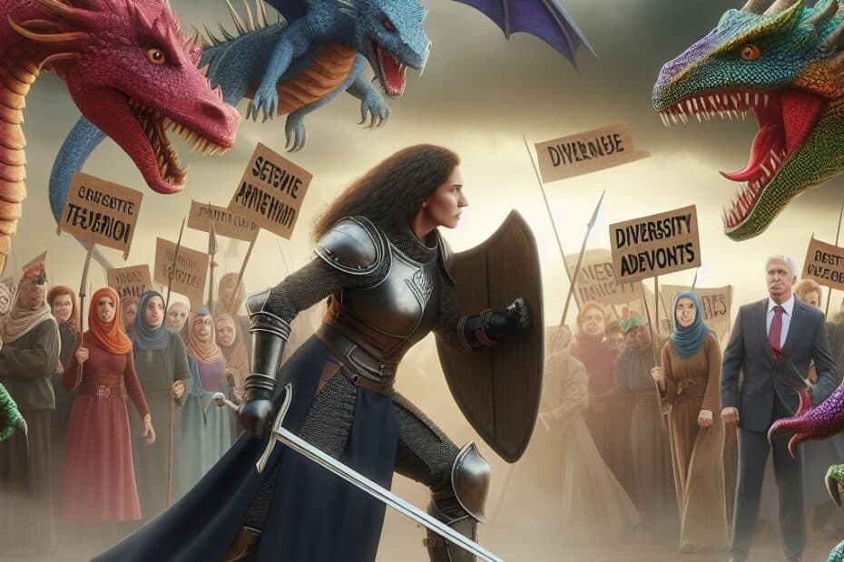 Gemaakt met DALL-E via de prompt: 'A brave female knight fighting against diversity advocates in the form of dragons.'