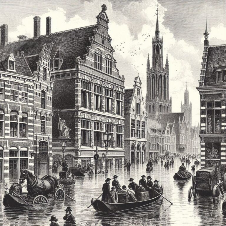 Gemaakt met DALL-E 3 op de prompt "Ravijnjaar dat de stad Utrecht treft"